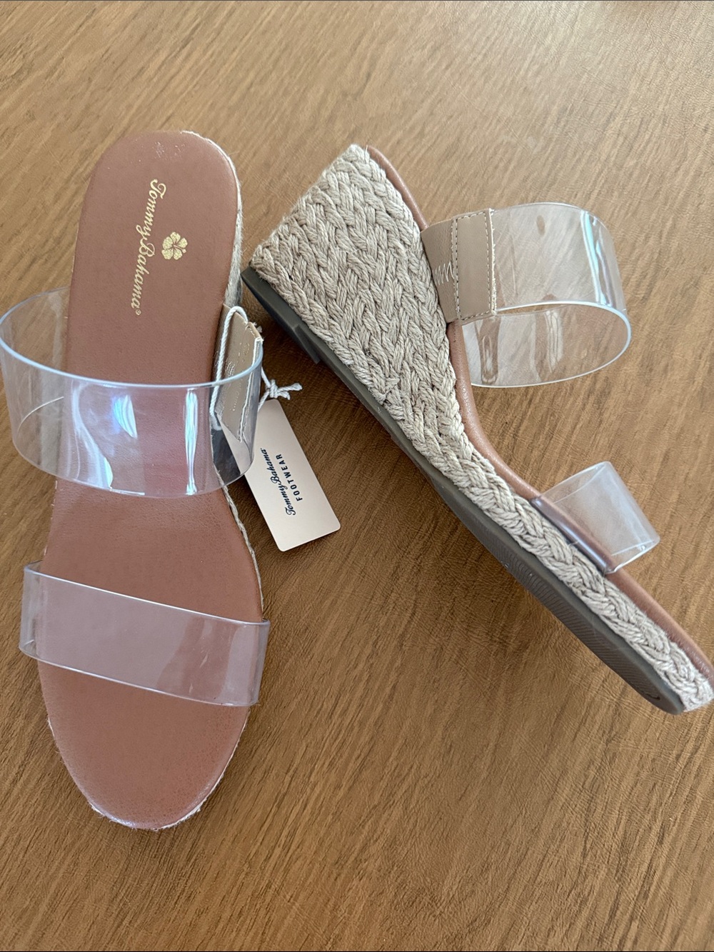 NWT Tommy Bahama Clear Strap Espadrille Wedge Sandals in Nude/Tan sz 10